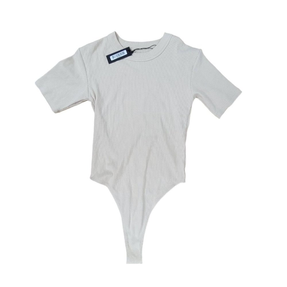 Lounge Essential Ribbed Bodysuit Cream Short Sleeve Stretch Basic Casual